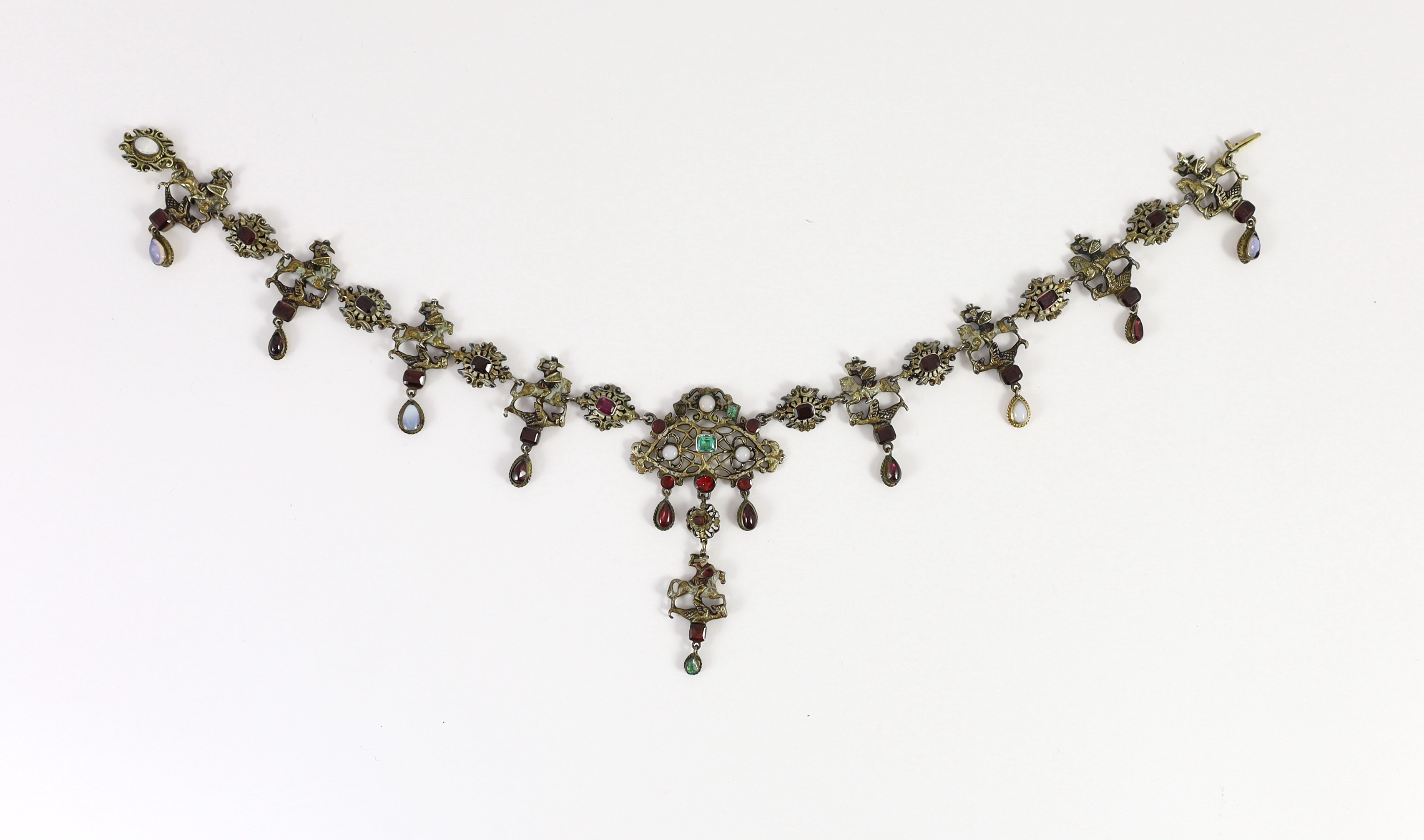 A 19th century Austro-Hungarian? gilt metal, gem, enamel and paste set drop fringe necklace, 36cm, in fitted box.